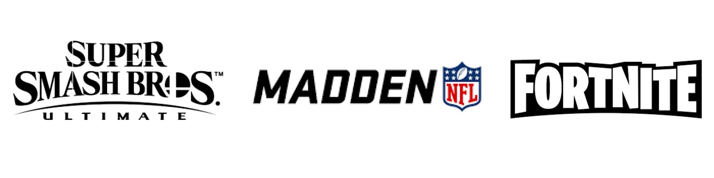 Video game logos - Smash Bros, Madden and Fortnite