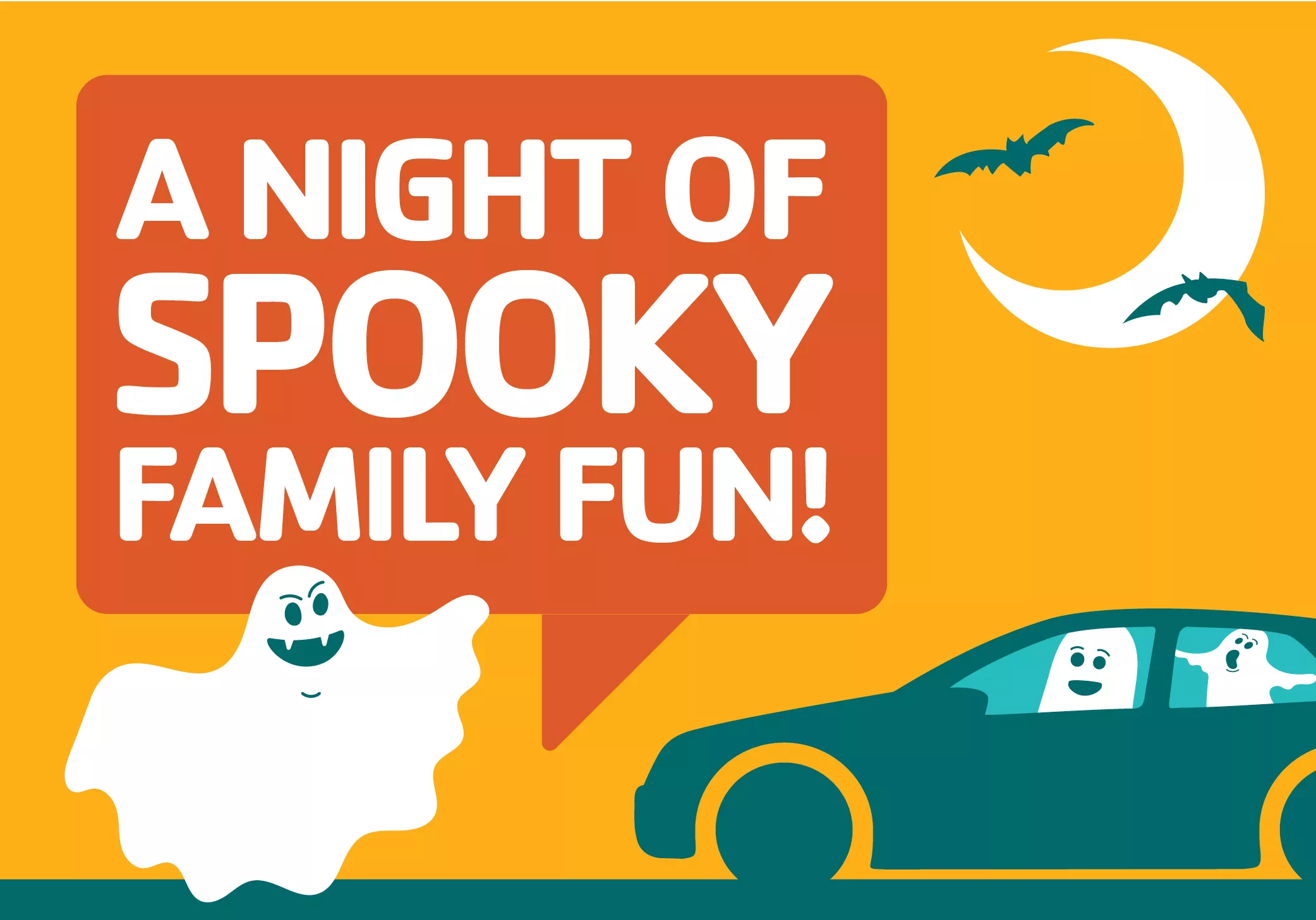 trunk or treat graphic that reads "a night of spooky family fun!", shows ghosts and bats