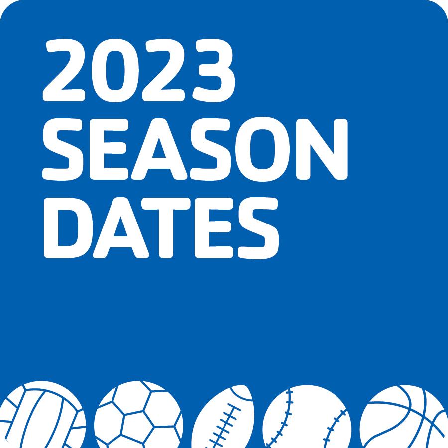 2023 Youth Sports Season Dates. Volleyball, soccer ball, football, baseball, and basketball. 