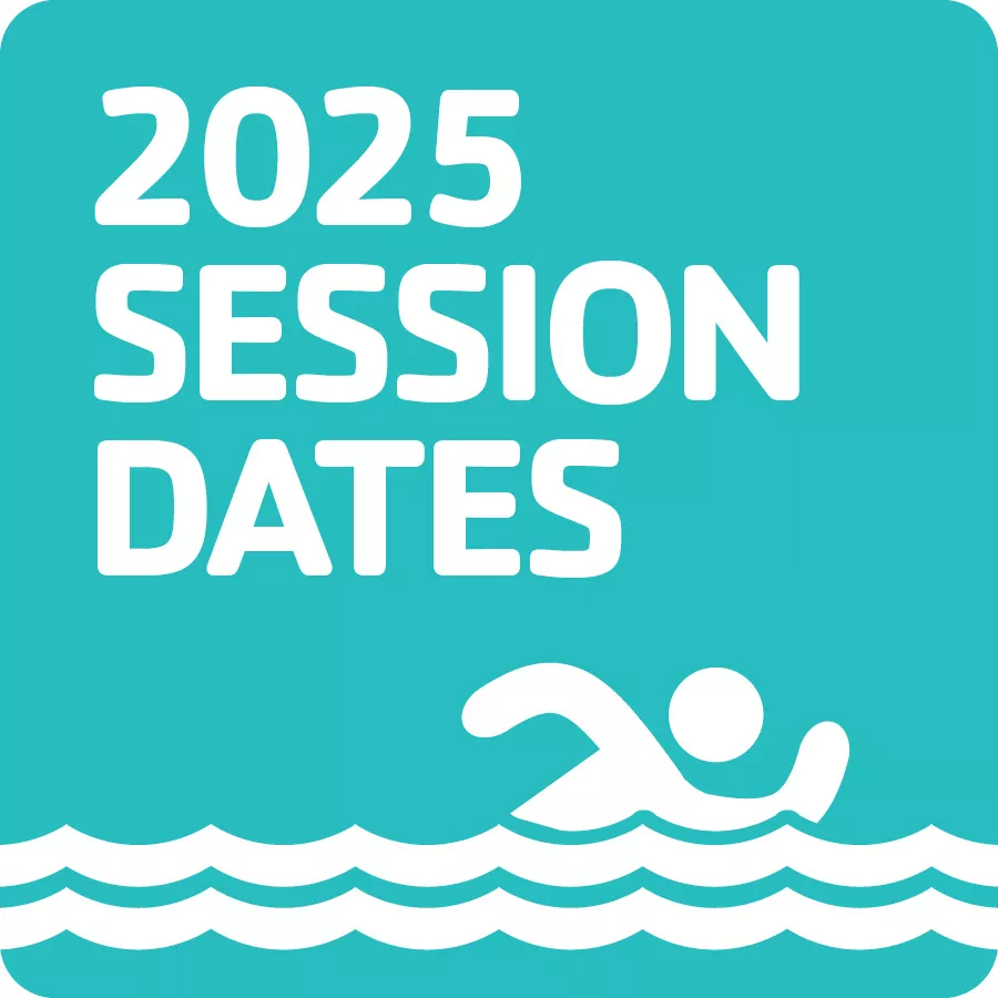 2025 Session Dates graphic with silhouette of a swimmer on a green background