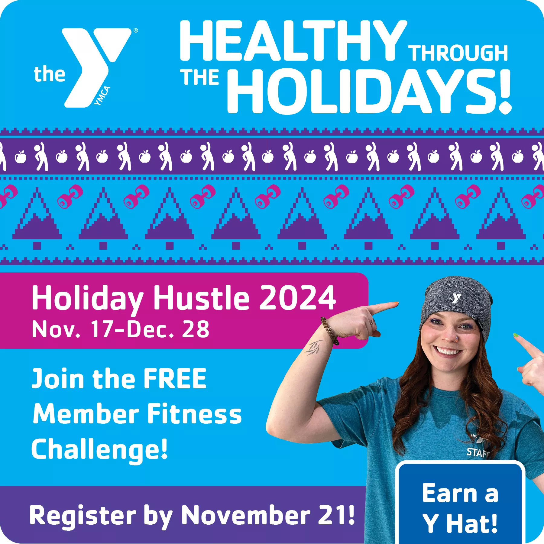 Holiday Hustle graphic with picture of the beanie prize