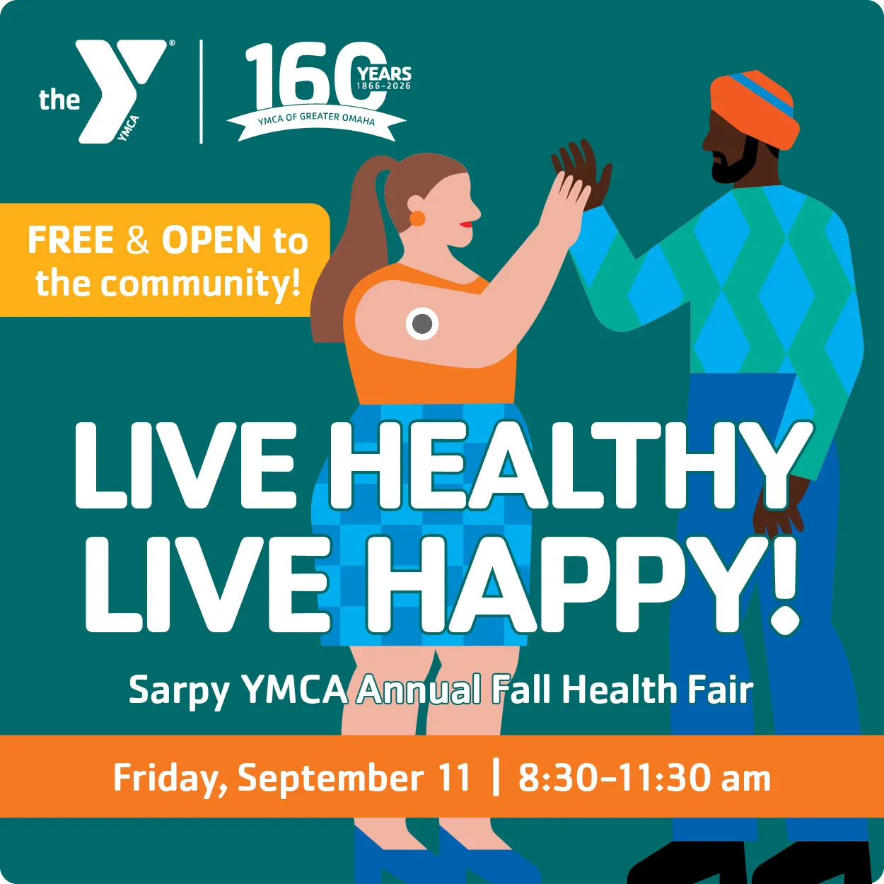 Graphic of a man &amp; woman giving a high five with info about a health fair