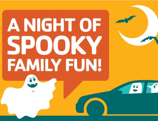 trunk or treat graphic that reads "a night of spooky family fun!", shows ghosts and bats