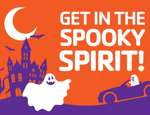 Graphic for Westivew YMCA trunk or treat event. Shows ghosts, bats, and a haunted house. Reads "get in the spooky spirit!"