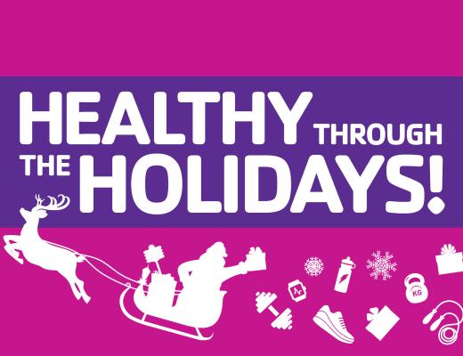 "Healthy through the holidays!", image of Santa riding a sleigh and tossing gifts and exercise equipment.