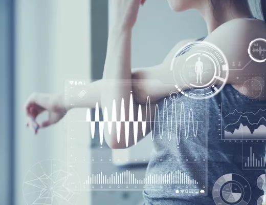 Image of a woman with an overlay of some data and measurements relating to health