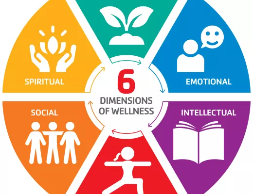 colorful graphic highlighting the 6 dimensions of wellness