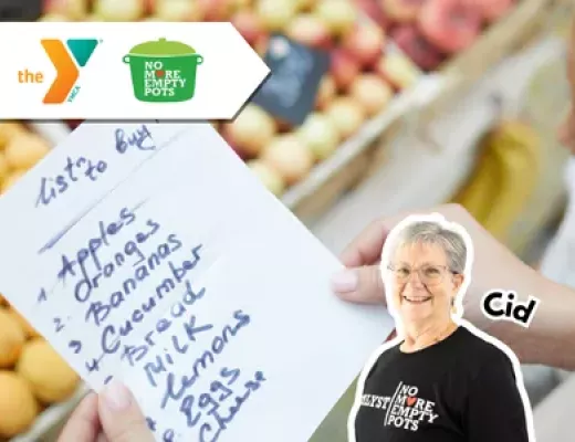grocery list with the YMCA and No More Empty Pots logos and the author of the post