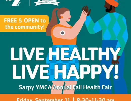 Graphic of a man & woman giving a high five with info about a health fair