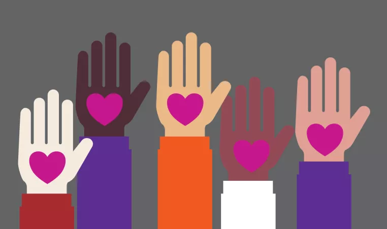 Graphic of hands in the air with hearts