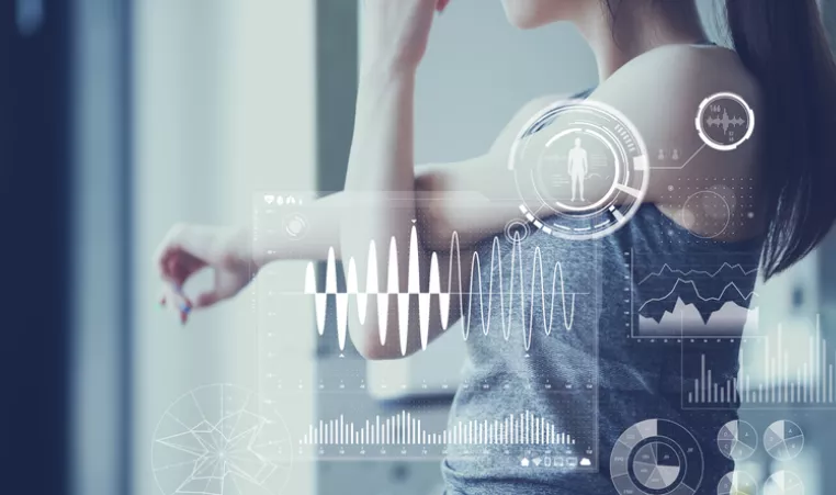 Image of a woman with an overlay of some data and measurements relating to health