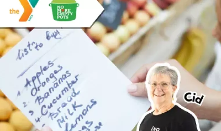 grocery list with the YMCA and No More Empty Pots logos and the author of the post